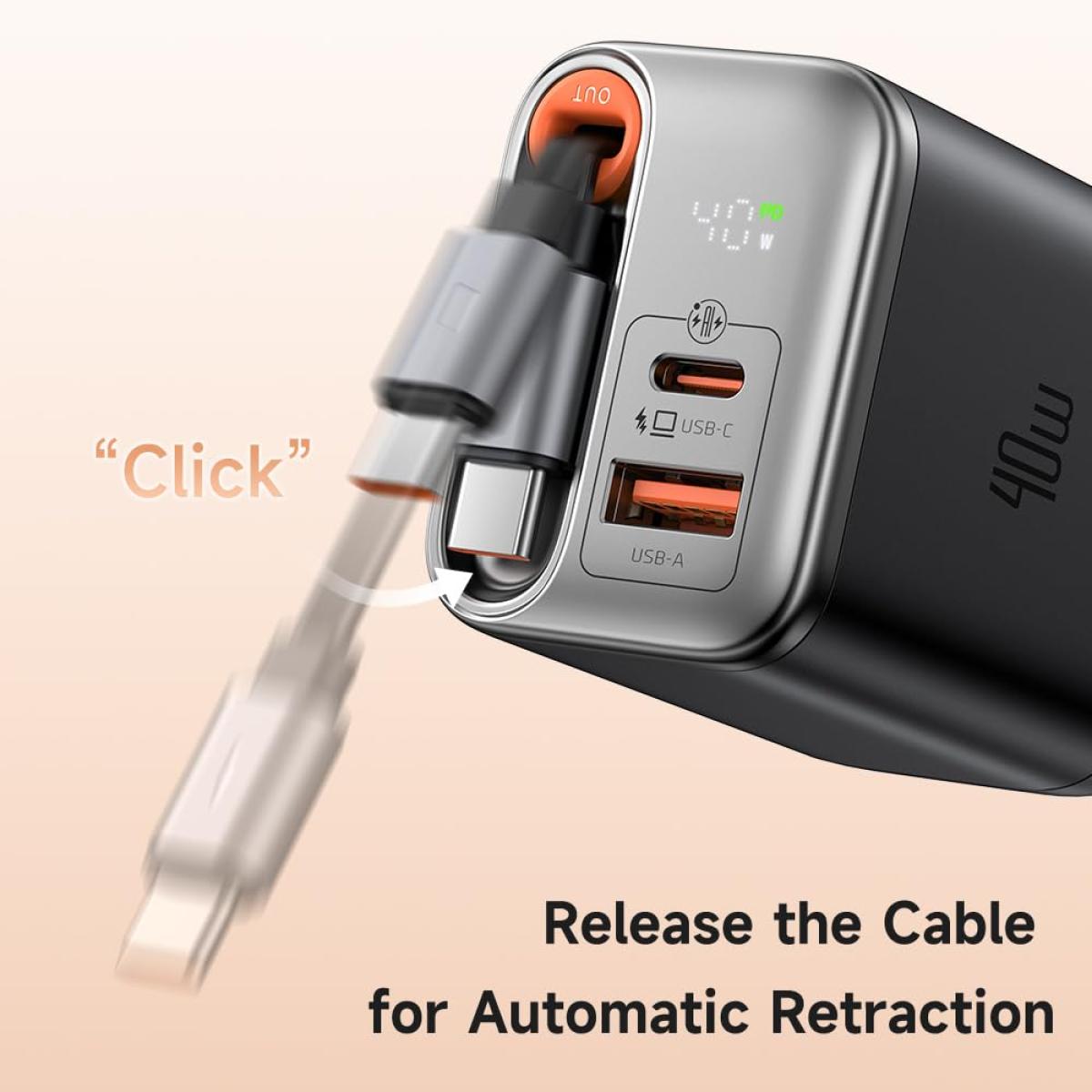 Mcdodo Ch 4280 40w Gan5 Usb C Charger, Dual Port, Retraable Cable Fast Charging Adapter With Led Indicator Black Mcdodo Ch 4280 40w Gan5 Usb C Charger, Dual Port, Retraable Cable Fast Charging Adapter With Led Indicator Black