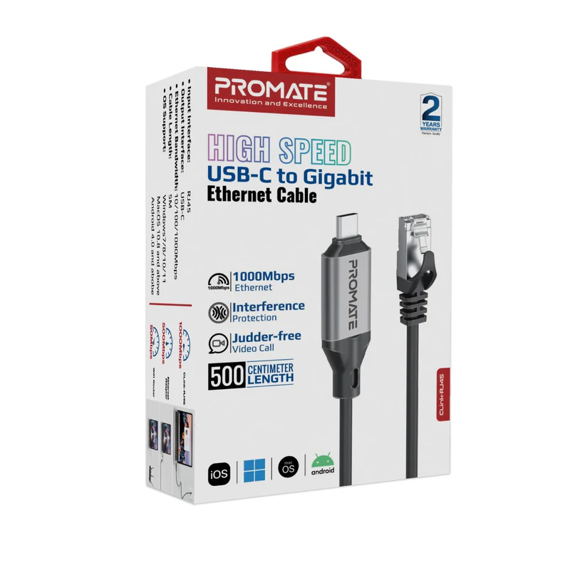 Promate Clink-RJ45 Ultra-Fast Ethernet to USB-C Adapter Cable