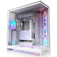 NZXT H9 Flow RGB+ (2025) Panoramic Perforated Dual-Chamber Mid-Tower Tempered Glass New Design Gaming Case w/ 2X F420 RGB Core Single-Frame Fans + 1XF120 RGB Core & Back-Connect Ready - White | CM-H92FW-P1 |