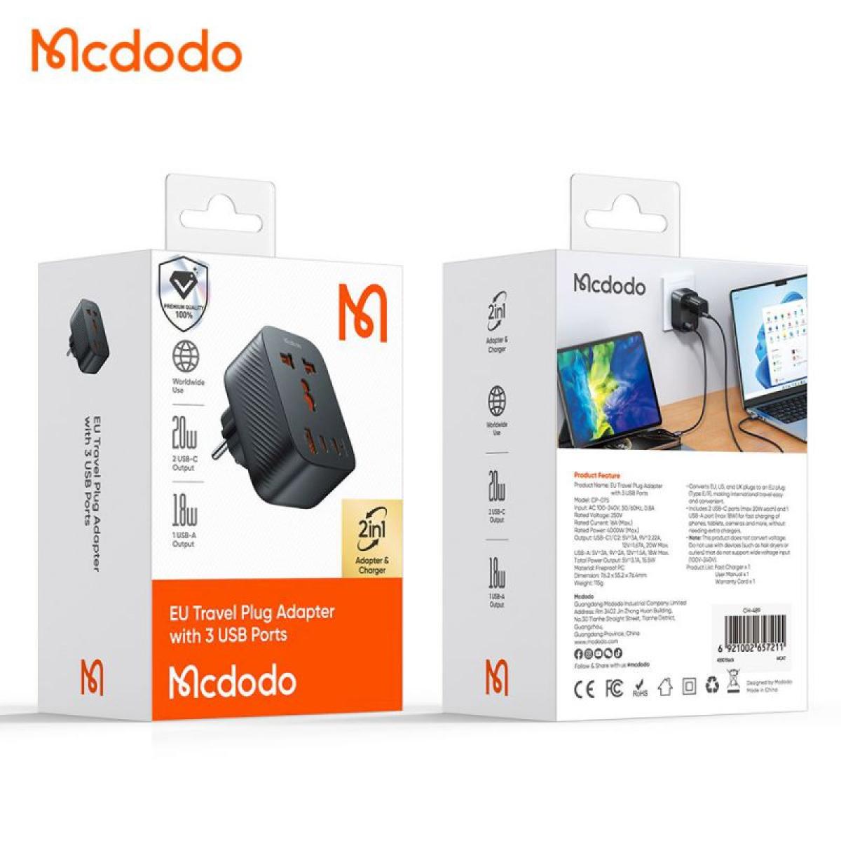 Mcdodo Cp 0750 Universal Travel Adapter One for 4 Outputs (ac + 2 USB - C + USB) 20w Worldwide Use EU Travel Plug with 3 USB Black