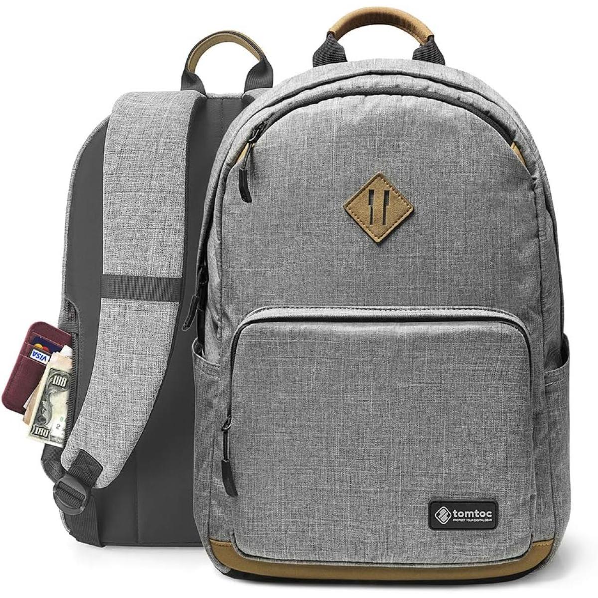 tomtoc Classic Laptop College Daypack Backpack, Water-resistant with 15.6 Inch Laptop Compartment, Anti-theft Pocket and USB Charging Port | 22L