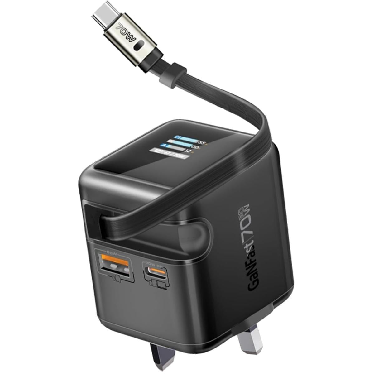 Promate Cubix-R70 70W GaNFast Charger with Retractable 80cm USB-C Cable, Dual USB-C PD 70W, USB-A 60W Port, 1.14” TFT Smart Display, UK Plug, Compa Wall Adapter for MacBook, iPhone 17, Galaxy Black