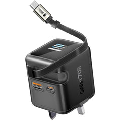 Promate Cubix-R70 70W GaNFast Charger with Retractable 80cm USB-C Cable, Dual USB-C PD 70W, USB-A 60W Port, 1.14” TFT Smart Display, UK Plug, Compa Wall Adapter for MacBook, iPhone 17, Galaxy Black