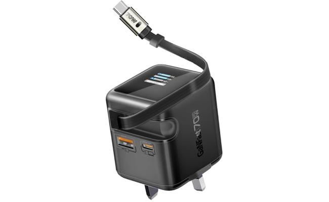 Promate Cubix R70 70w Ganfast Charger with Retraable 80cm USB - C Cable with USB cable