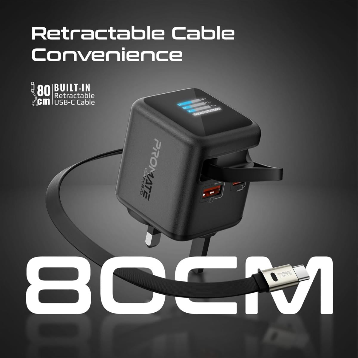 Promate Cubix R70 70w Ganfast Charger with Retraable 80cm USB - C Cable with USB cable