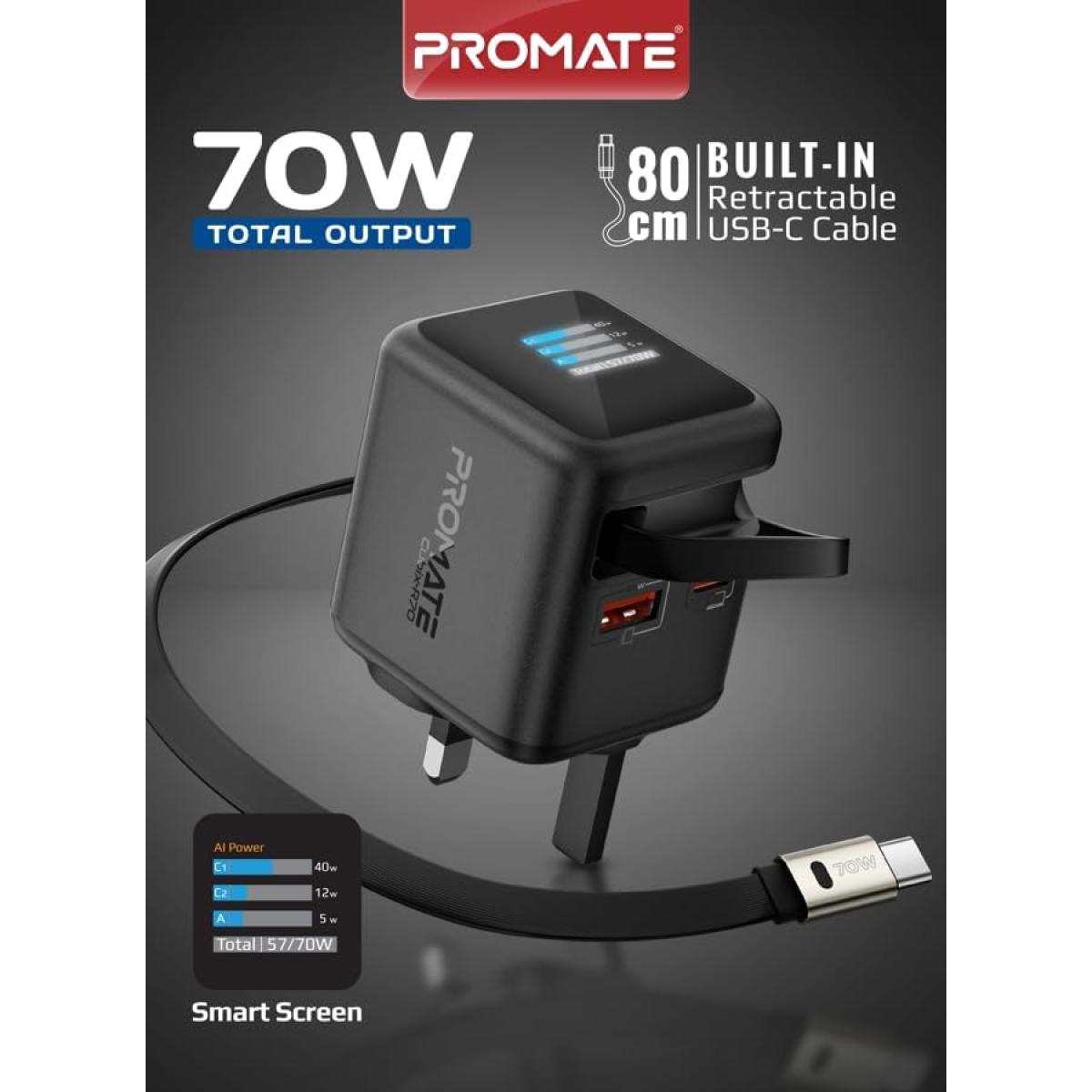 Promate Cubix R70 70w Ganfast Charger with Retraable 80cm USB - C Cable with USB cable