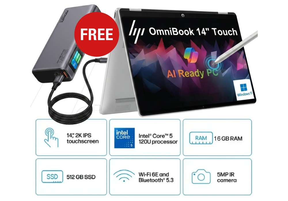 HP OmniBook 5 Flip Laptop PC 14-fp0045ne Free Power Bundle, Intel Core 5 120U 5GHz, 16GB LPDDR5, 512GB SSD, 14" FHD+ IPS Touch w/ Free 130W Laptop Power Bank Titan-130 & HP MPP 2.0 Tilt Pen, Windows 11 Home, 3 Year Warranty