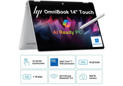 HP OmniBook 5 Flip 14 inch Laptop PC 14-fp0047ne, Intel® Core™ 7 150U 5.4 GHz, 16 GB LPDDR5-5200, 1 TB M.2 SSD, 14-inch diagonal, 2K (1920 x 1200) IPS Touch w/ HP Rechargeable MPP 2.0 Tilt Pen - Windows 11 Home - 3 Year Warranty