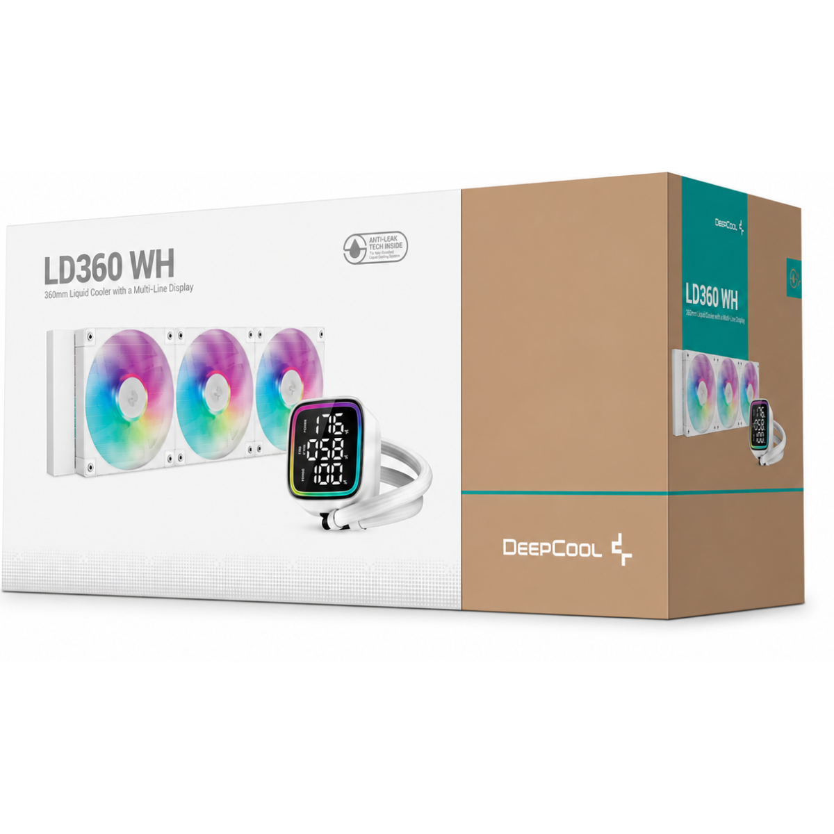 DeepCool LD360 Liquid Cooler 360mm 5th Gen Pump 3400 RPM AIO Real-time CPU Status Screen Anti-Leak ARGB Fans & Dual Gradient Halo Effe Mirror - White