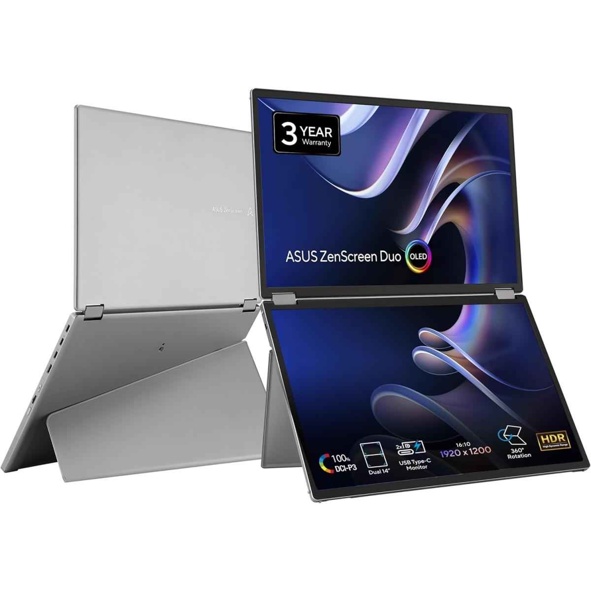 Asus Mq149cd Zenscreen Duo Oled 360° Foldable Portable Monitor Dual 14 Inch, 16:10, 1920x1200, Displayhdr400 True Black, 100% Dci P3, Delta<2, Dual Usb C, Mini Hdmi, Kickstand