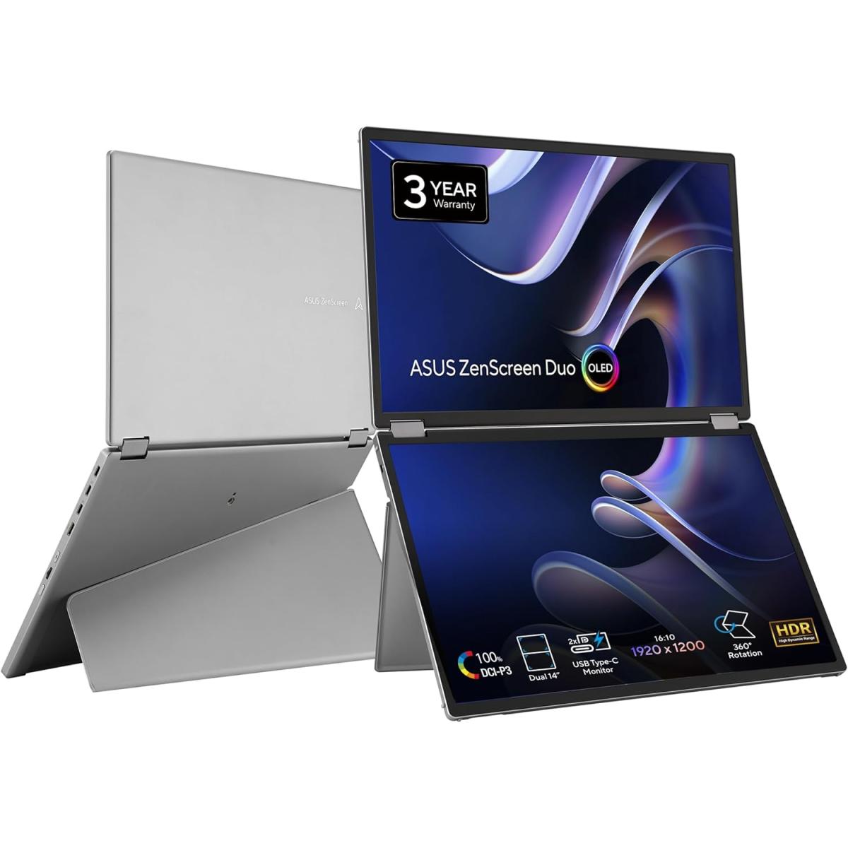 ASUS MQ149CD ZenScreen Duo OLED 360° Foldable Portable Monitor - Dual 14-inch, 16:10, 1920x1200, DisplayHDR400 True Black, 100% DCI-P3, Delta<2, Dual USB-C, Mini-HDMI, Kickstand