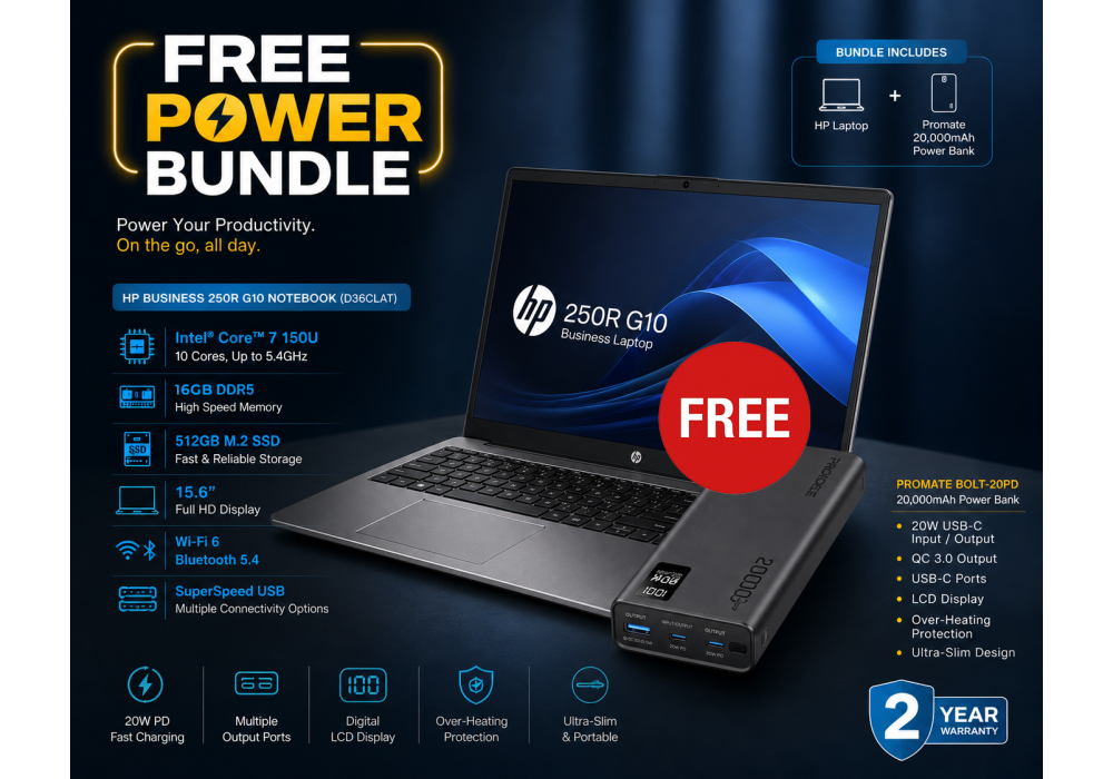 HP Business 250R G10 Notebook (D36CLAT) Laptop Free Power Bundle, Intel Core 7 150U Up to 5.4GHz, 16GB DDR5 (Customized), 512GB SSD, 15.6 FHD Anti-glare, Wi-Fi 6, BT 5.4, Dark Ash Silver w/ Promate Bolt-20PD Universal 20000mAh 20W Power Bank