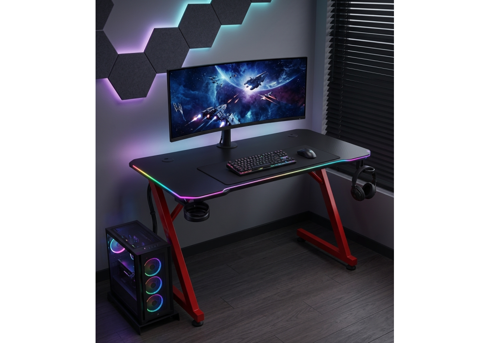 Marvo DE-11 Carbon Fiber RGB Gaming Desk, 120cm Surface, Steel Frame, Integrated Headset & Cup Holder, Home Office Computer Table, Black & Red