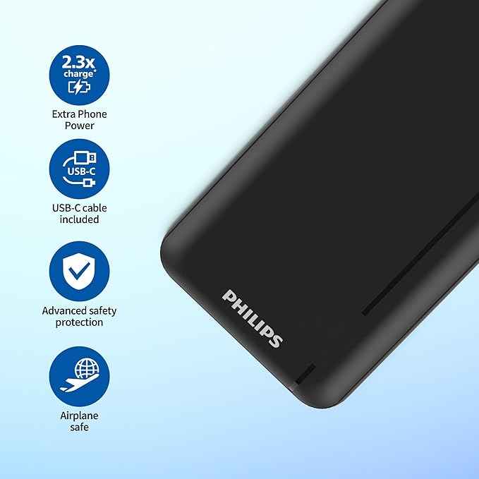 Philips 10000mAh 20W Power Bank with PD & QC3.0, USB-A & Type-C Ports (Black)
