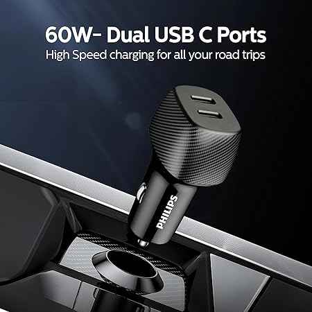 Philips 60W Dual Port USB-C Car Charger,20V Universal Car Charger, without cable
