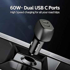 Philips 60W Dual Port USB-C Car Charger,20V Universal Car Charger, Black