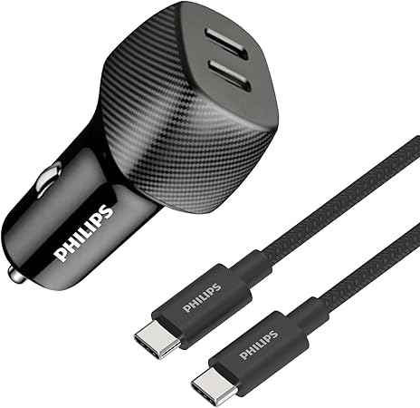 Golden Connector Philips 60W Dual Port USB - C Car Charger, 20V Universal Car Charger, Black