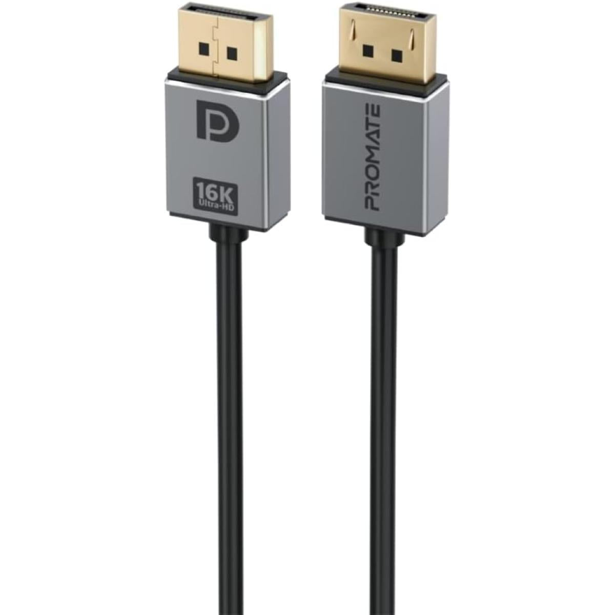 Promate DisplayPort 2.0 Cable, Premium Ultra HD 16K@60Hz Video Display Cord with 80Gbps Bandwidth Transmission, Gold Plated Connectors, 2m Super Slim Cable - Black