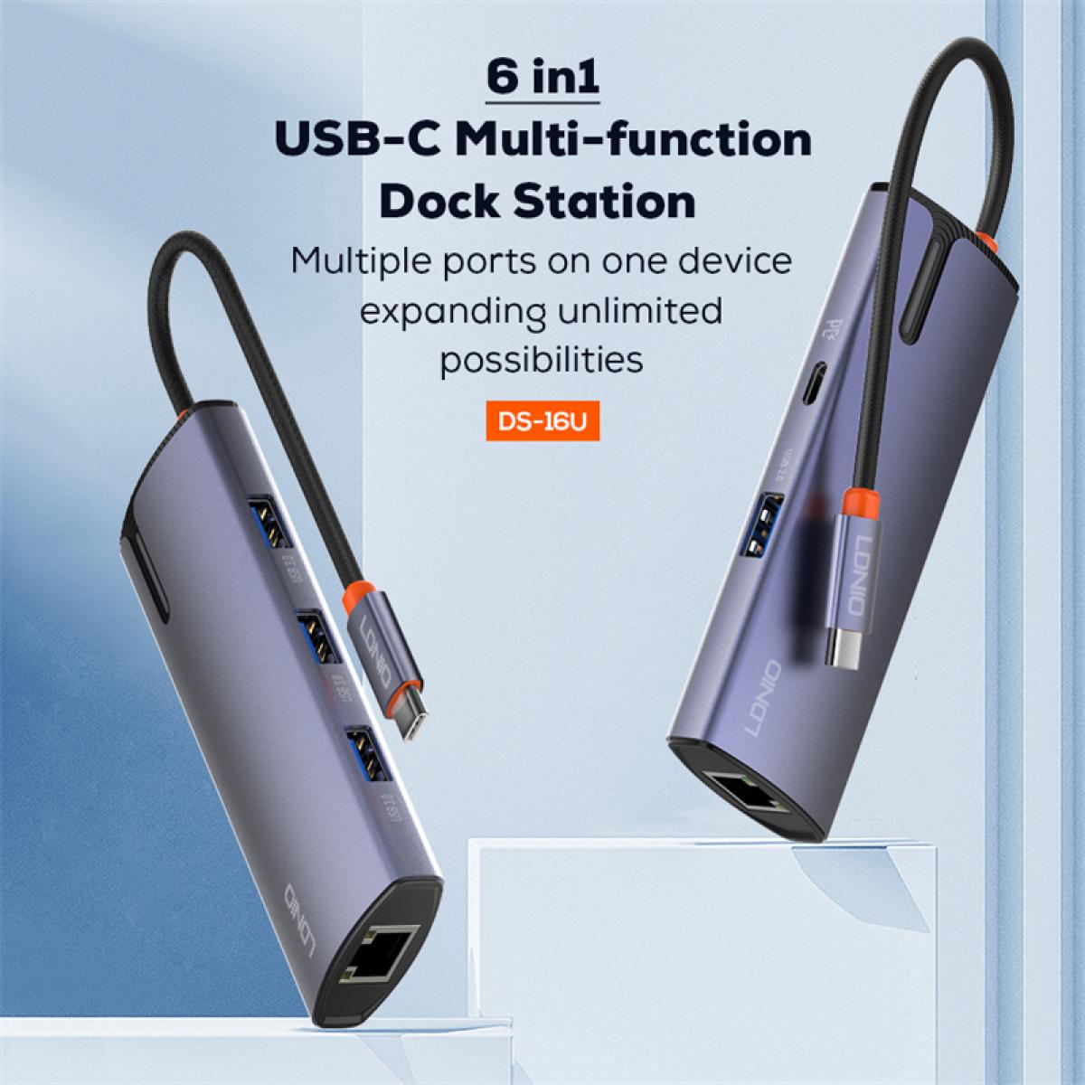 LDNIO DS-16U Type-c Docking Station 6 in 1 To USB PD Power USB3.1 Multi-port USB C Hub RJ45 Mac Book Pc USB Hub - Gray