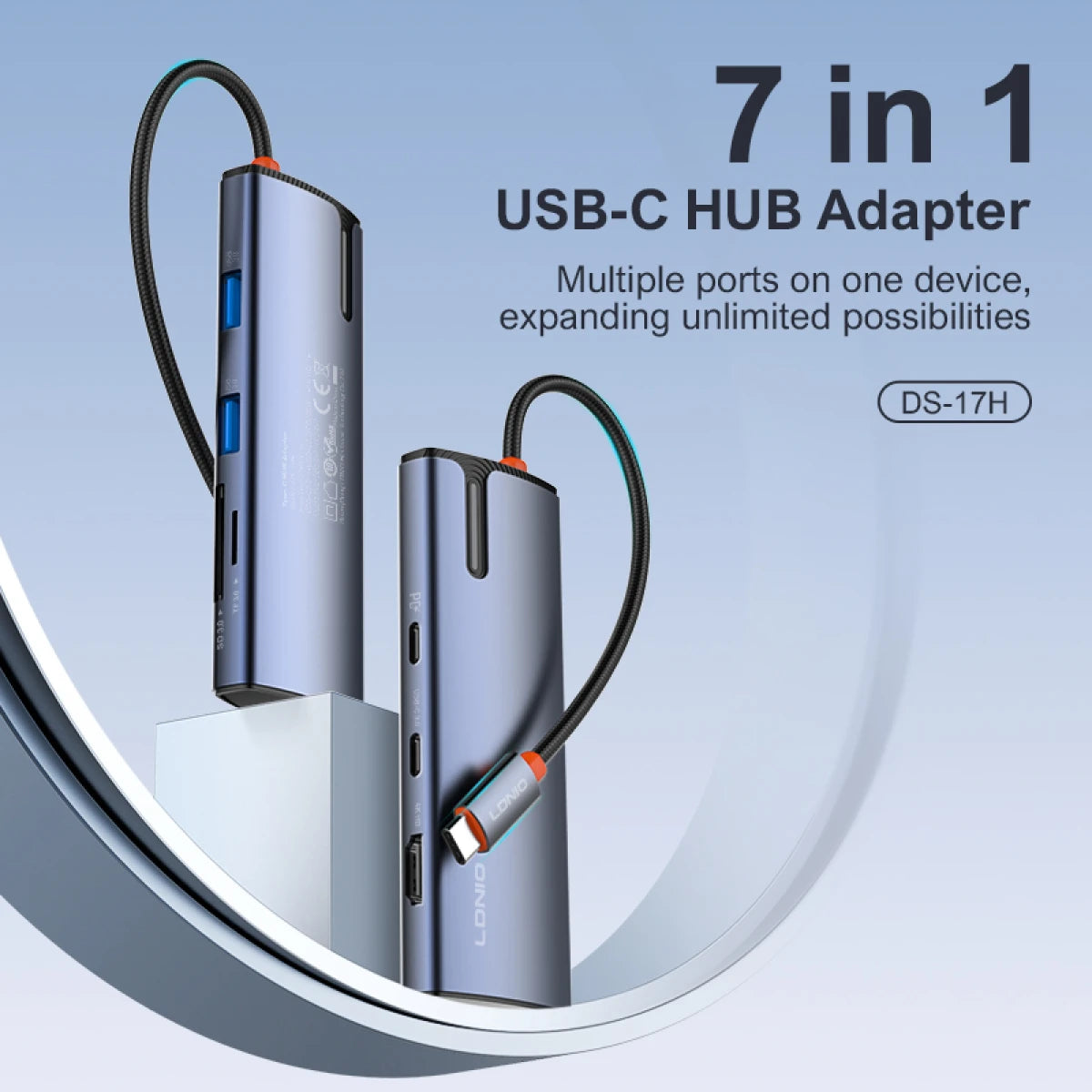 LDNIO DS - 17H 7 in 1 USB 3.0 Type C to RJ45, USB HUB Adapter with 4K HDTV Ethernet TF & SD Card Reader - Gray