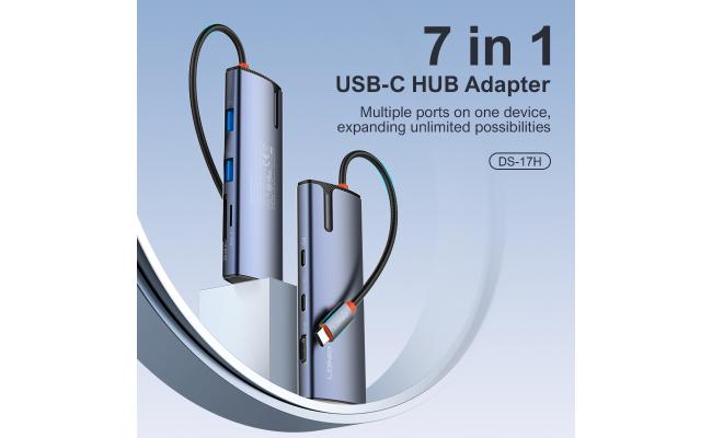 LDNIO DS - 17H 7 in 1 USB 3.0 Type C to RJ45, USB HUB Adapter with 4K HDTV Ethernet TF & SD Card Reader - Gray