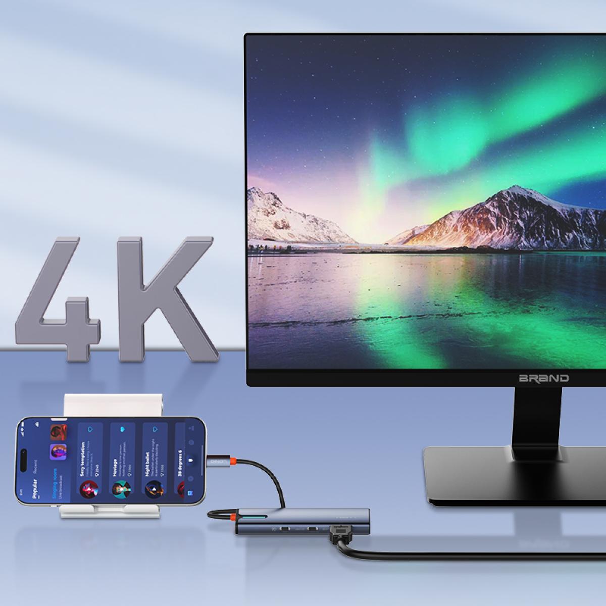 LDNIO DS - 17H 7 in 1 USB 3.0 Type C to RJ45, USB HUB Adapter with 4K HDTV Ethernet TF & SD Card Reader - Gray
