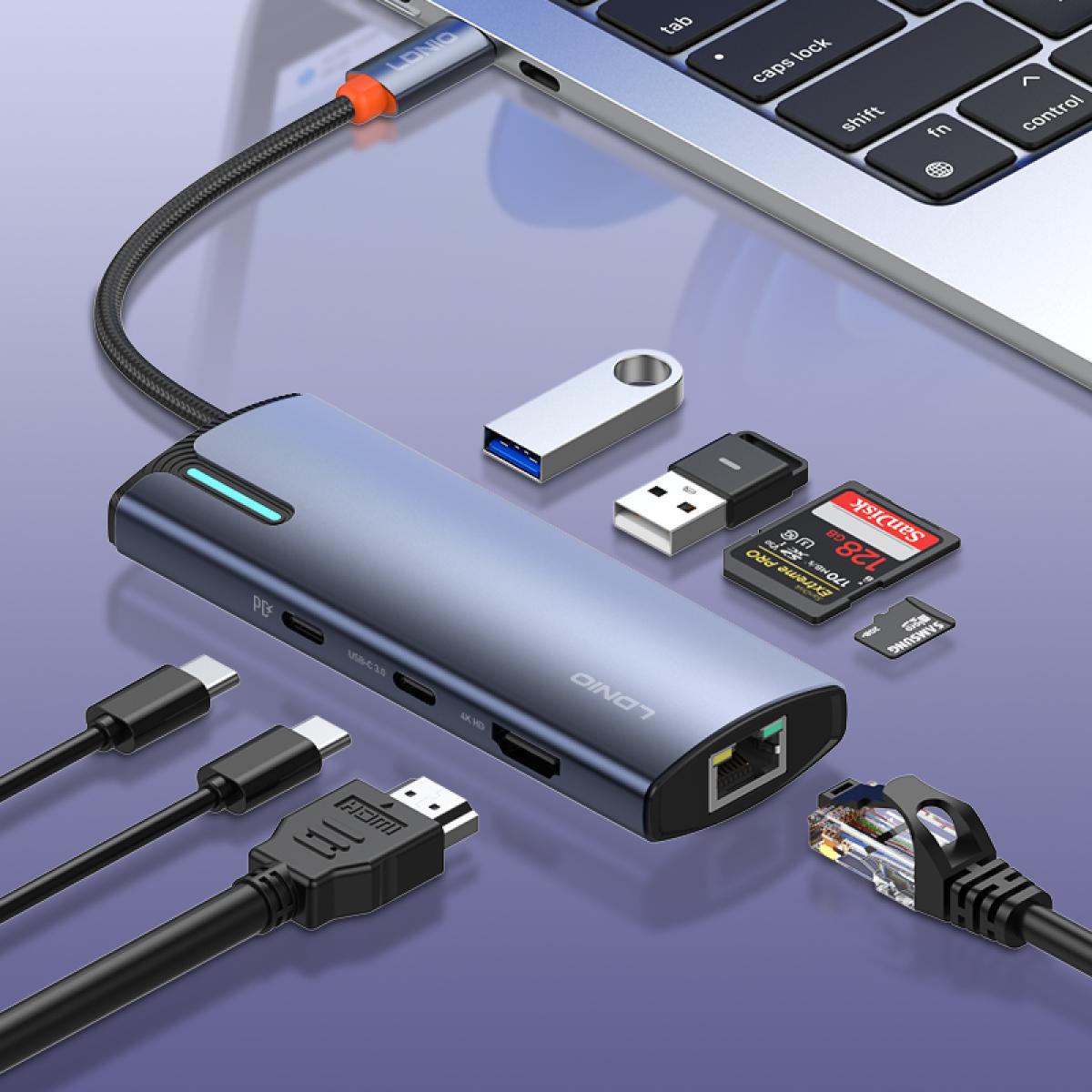 LDNIO DS-18H PD100W gray USB HDMI laptop New Trending Type C 3.0*1+USB C2.0/PD100W*1+HDMI*1+USB3.0*2+RJ45*1+SD2.0*1+TF2.0*100W