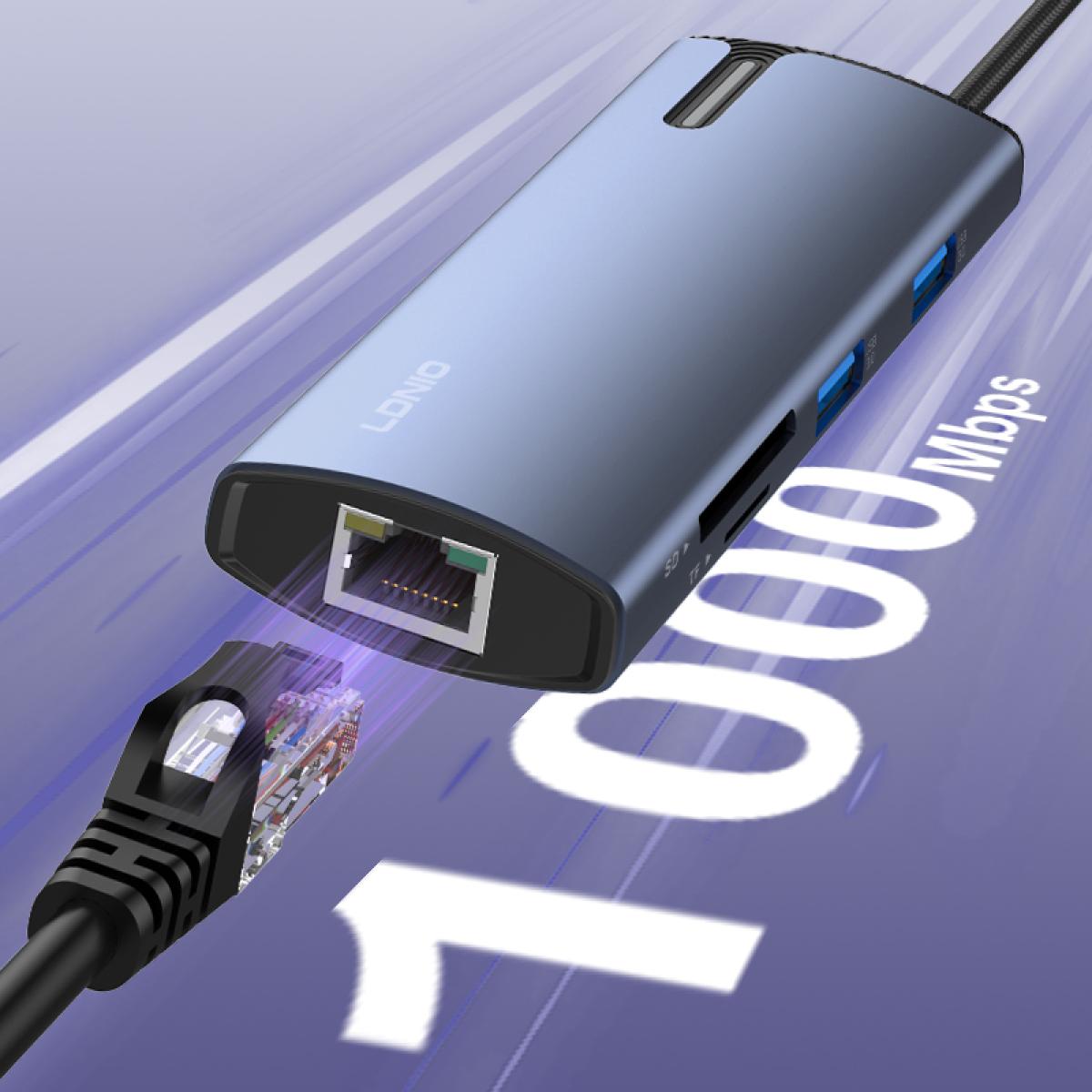 LDNIO DS-18H PD100W gray USB HDMI laptop New Trending Type C 3.0*1+USB C2.0/PD100W*1+HDMI*1+USB3.0*2+RJ45*1+SD2.0*1+TF2.0*100W