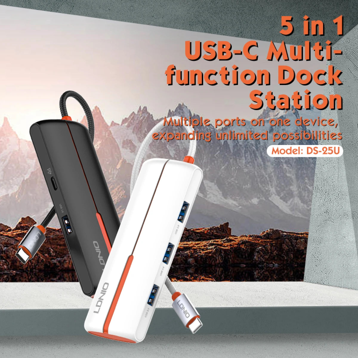 LDNIO DS - 25U Laptop Docking Stations and Power Adapters Industrial USB - C 3.0 HUB for Macbook 5 in 1 Port USB Hub - Black