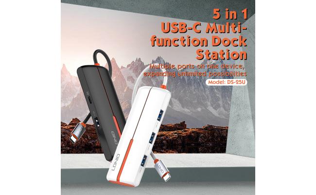 LDNIO DS - 25U Laptop Docking Stations and Power Adapters Industrial USB - C 3.0 HUB for Macbook 5 in 1 Port USB Hub - Black
