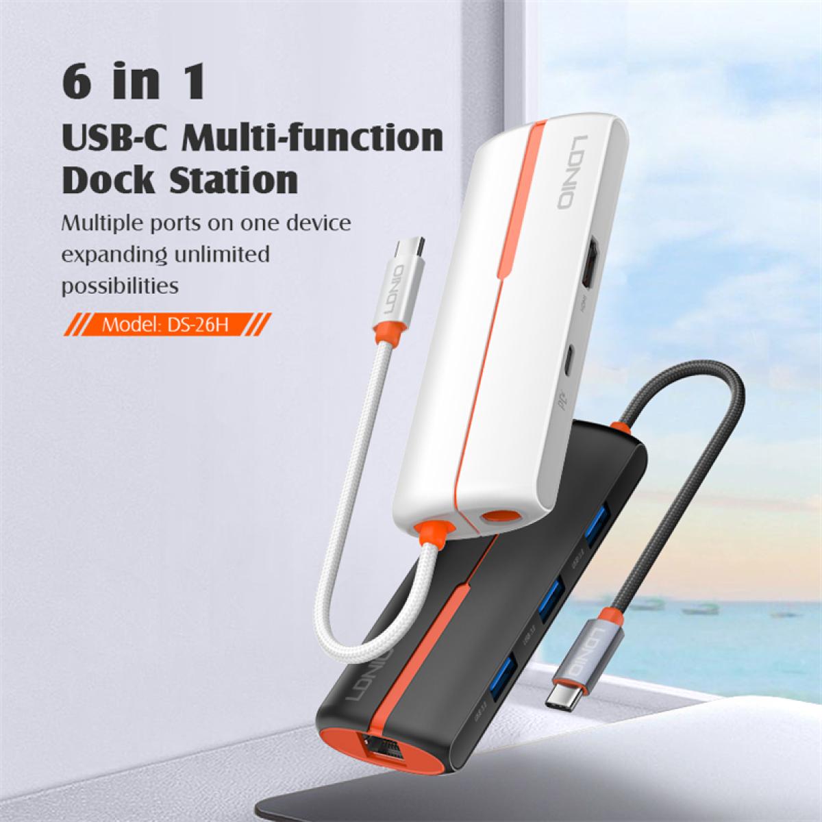 Ldnio Ds 26h 6 In1 Type C To Type C*1+hdmi*1+usb3.0*3+rj45*1, Docking Station Data Hub For Computer Laptop White