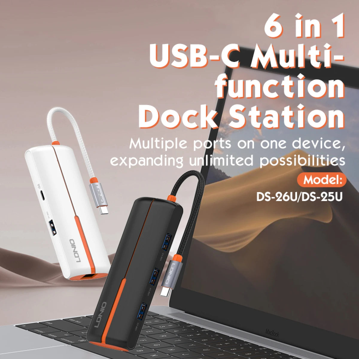 LDNIO DS - 26U 6 - in - 1 PD Power Charging Multifunction Type c to USB Hub for macbook USB Hubs - White