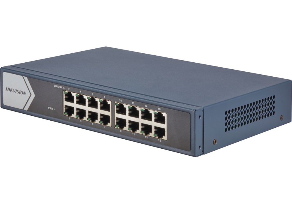 Hikvision DS-3E0516-E(B) 16-Port Gigabit Unmanaged Rackmount Switch, 10/100/1000 Mbps, 32Gbps Switching Capacity, 6KV Surge Protection, Metal Housing