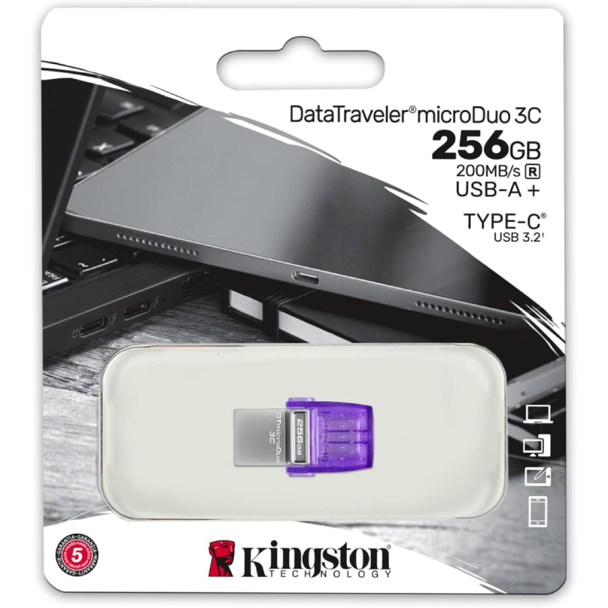 Kingston DataTraveler microDuo 3C 256GB USB-C & USB-A Flash Drive | Speeds up to 200 MB/s | USB 3.2 Gen 1 | Duo Connector | DTDUO3CG3/256GB