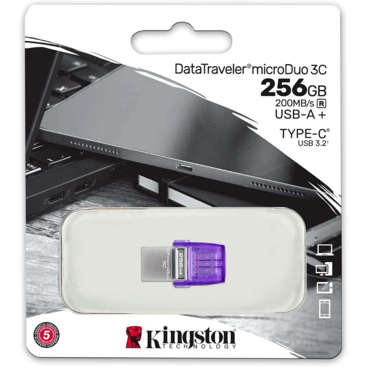 Kingston DataTraveler microDuo 3C 256GB USB-C & USB-A Flash Drive | Speeds up to 200 MB/s | USB 3.2 Gen 1 | Duo Connector | DTDUO3CG3/256GB
