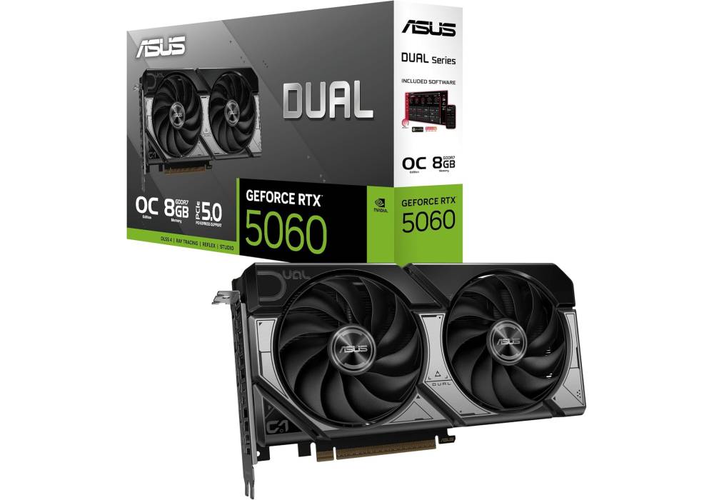 ASUS Dual GeForce RTX™ 5060 OC Edition – 8GB GDDR7, PCIe 5.0, Dual Axial‑Tech Fans, AI 614 TOPs, NVIDIA Blackwell Architecture