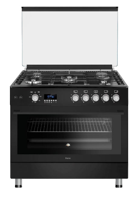 Ferre Gas Oven Full Safety, Digital Timer, 2Fan, 90*60 Cm, 2Turbo, 3Normal Burners, Black - FK962DBB
