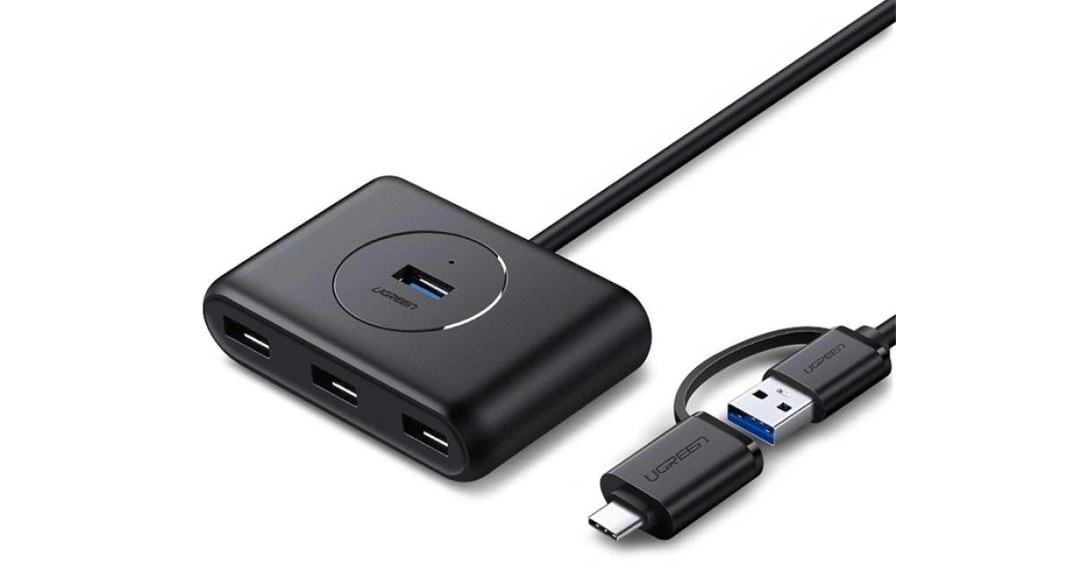 UGREEN,(40850) USB HUB SPLITTER 4 PORTS USB 3.0 WITH USB-A AND USB-C CABLE 1M.