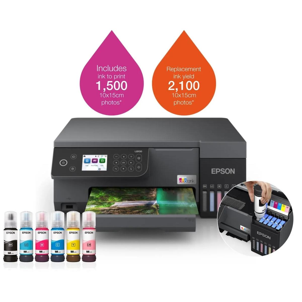 Epson EcoTank L8100 A4 3-in-1 Photo Printer, Epson Smart Panel App, Ink Tank System, 5.400 Pages, 1.500 Photos Color Yield, 1200 DPI x 4800 DPI, 37dB Noise Level, Black Epson EcoTank L8100 A4 3-in-1 Photo Printer, Epson Smart Panel App, Ink Tank System, 5.400 Pages, 1.500 Photos Color Yield, 1200 DPI x 4800 DPI, 37dB Noise Level, Black