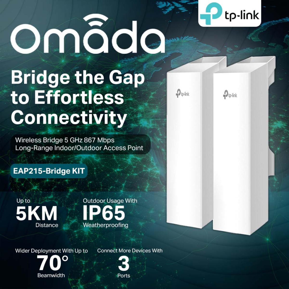 Tp Link Omada Eap215 Bridge Kit Point To Point Wireless Bridge Outdoor 5ghz, 867mbps, Ptp&ptmp, 5km Range, 3 Gigabit Ports, Poe Or Dc Powered, Ip65 Weatherproof, Preconfigured, Plug&play