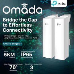 Tp Link Omada Eap215 Bridge Kit Point To Point Wireless Bridge Outdoor 5ghz, 867mbps, Ptp&ptmp, 5km Range, 3 Gigabit Ports, Poe Or Dc Powered, Ip65 Weatherproof, Preconfigured, Plug&play