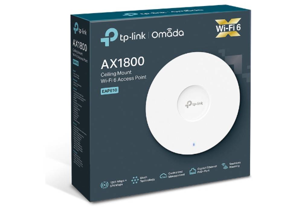 TP-LINK EAP610 - AX1800 WiFi 6 Ceiling Mount Access Point, Omada SDN Cloud Management, PoE+/Passive PoE/DC Powered