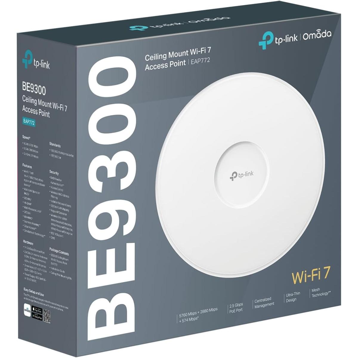 Tp Link Eap772 Wi Fi 7 Access Point, Tri Band Gigabit Be9300 Wireless Access Points, Support Passive Poe, Easily Mount To Wall Or Ceiling, Free Cloud Controller, Omada Mesh & Ai Roaming
