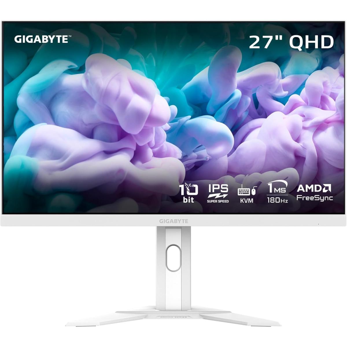 Gigabyte M27qa Ice Ips 27" 2k Qhd 180hz Hdr 400 Gaming Monitor 1ms Amd Freesync Type C Kvm Hdmi, Dp, Type C Height Adjustable White - CompuMe