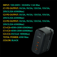 Ldnio Fast Charging Protocols, 65Watts, Black - Q367