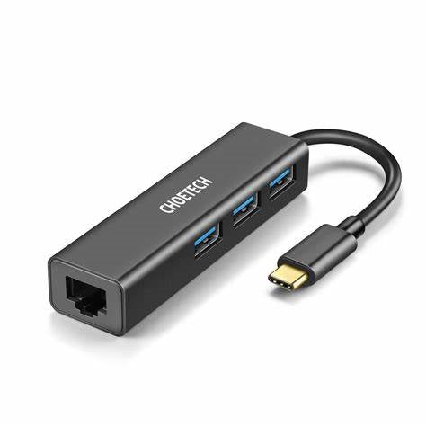 Choetech Gold-Plated Connectors Type C To 1*Rj45 3*Usb 3.0 Hub Black - HUB-U02