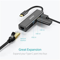 Choetech Gold-Plated Connectors Type C To 1*Rj45 3*Usb 3.0 Hub Black - HUB-U02