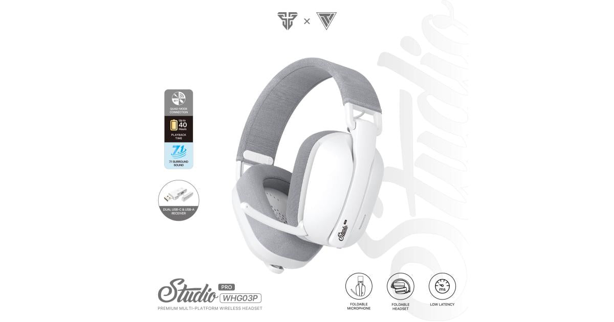Fantech Studio Pro WHG03 7.1 Surround Sound (White) Wireless & Wired Gaming Headset Quad-Mode Connection (BT, Low Latency 2.4GHz, 3.5mm, USB 7.1) Up To 40 Hours Battery For PC, MacOS, XBOX, PS, iOS, Android
