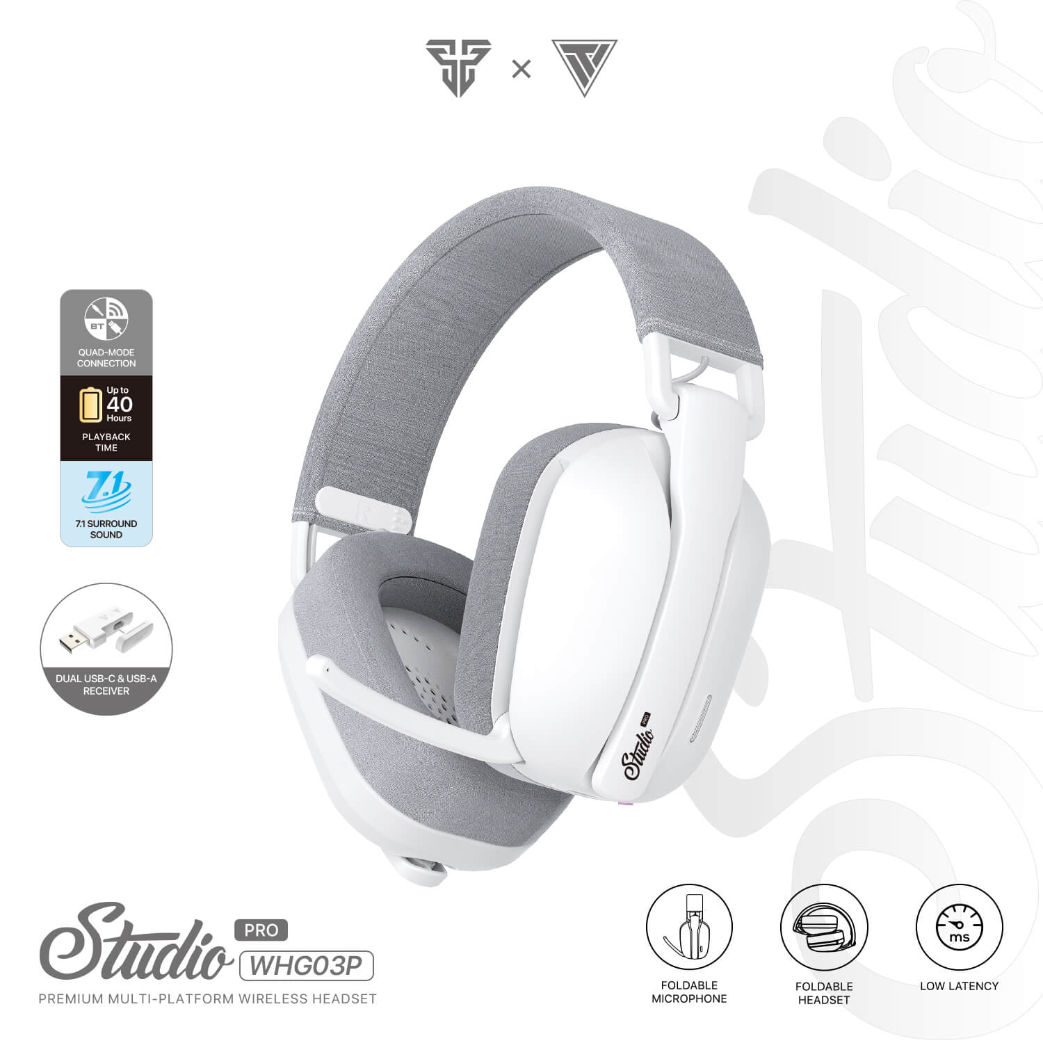 Fantech Studio Pro WHG03 7.1 Surround Sound Bluetooth & Wireless Gaming Headset White with USB Dongle for Phone Usage