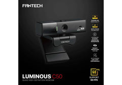 FANTECH C50 LUMINOUS 2K QHD 60FPS Webcam with 5MP Auto Focus, Pan/Tilt Controls, Privacy Shutter, and 3D Noise-Cancelling Mic